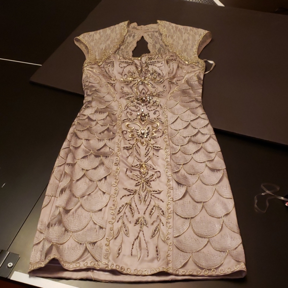 Sue Wong Embellished Cap Sleeve Silver Dress